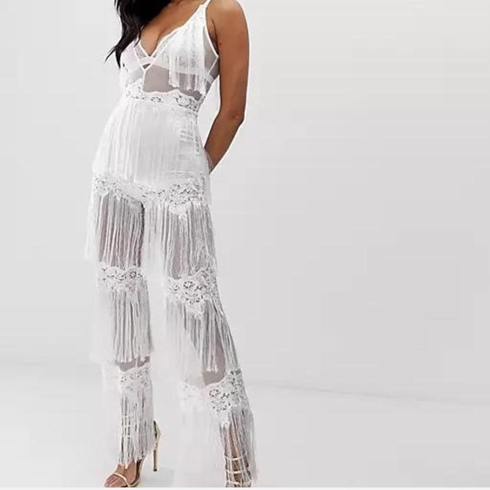 Lioness Embroidered Lace Fringe Tassel Tank Mesh White Jumpsuit